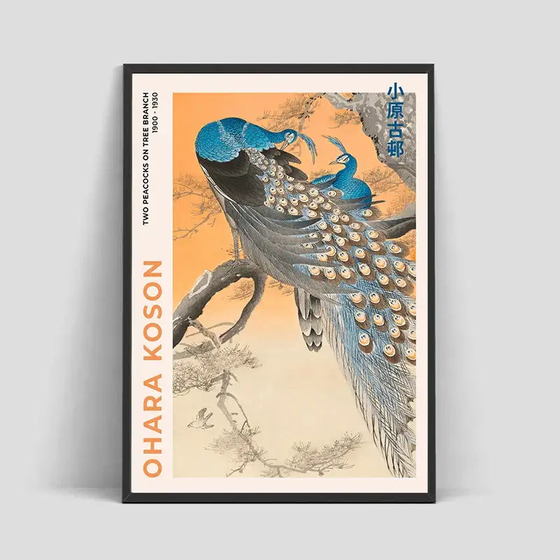 A framed DecorBites™ Japanese Hokusai art poster print featuring two vibrant blue and black peacocks for home decor