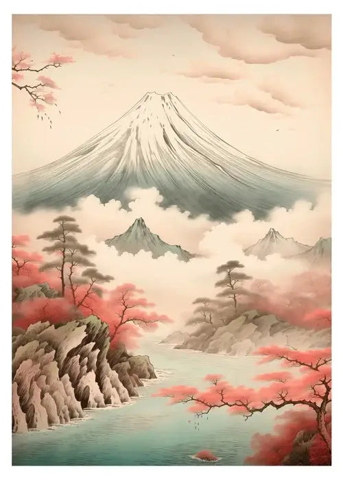 DecorBites™ Japanese Hokusai art poster print featuring snow-capped Mount Fuji and pink cherry blossoms for home decor