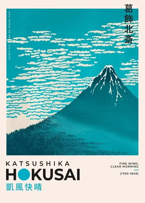 Teal and white woodblock art poster print of mount fuji from katsushika hokusais thirty-six views for home decor