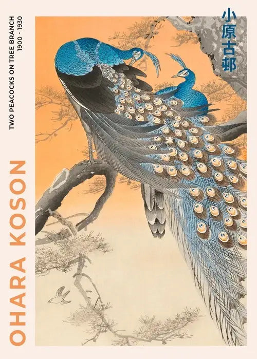 A vibrant blue peacock with intricate eye-patterned feathers on a branch in traditional japanese woodblock style art poster print for home decor