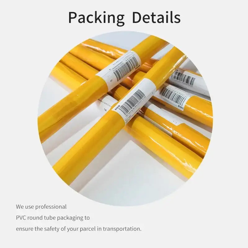 Yellow pvc round tubes wrapped in clear plastic with white barcode labels for decorbites japanese hokusai art poster print