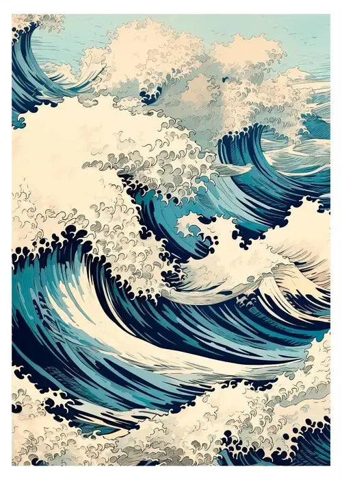 Decorbites™ japanese hokusai art poster print on canvas features powerful stylized ocean waves in deep blue and white