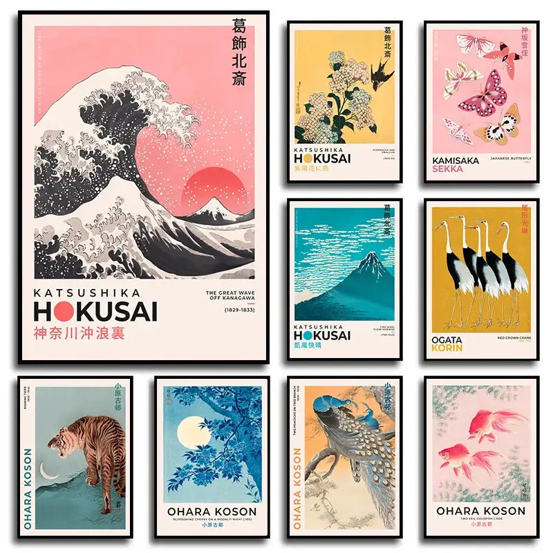 Set of eight framed japanese art poster prints on canvas featuring hokusai and ohara koson designs including great wave