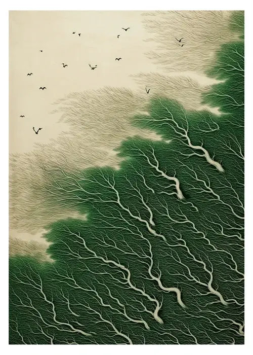 Decorbites™ japanese hokusai art poster print on canvas features a green forest with white root-like patterns and birds in flight