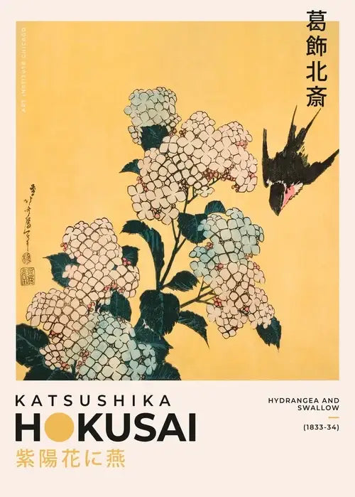 Decorbites™ japanese art poster print on canvas featuring hydrangea blossoms and a swallow in flight against yellow