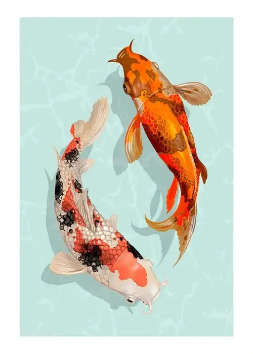 Decorbites™ japanese hokusai art poster print on canvas featuring two koi fish with vibrant orange and cream scales