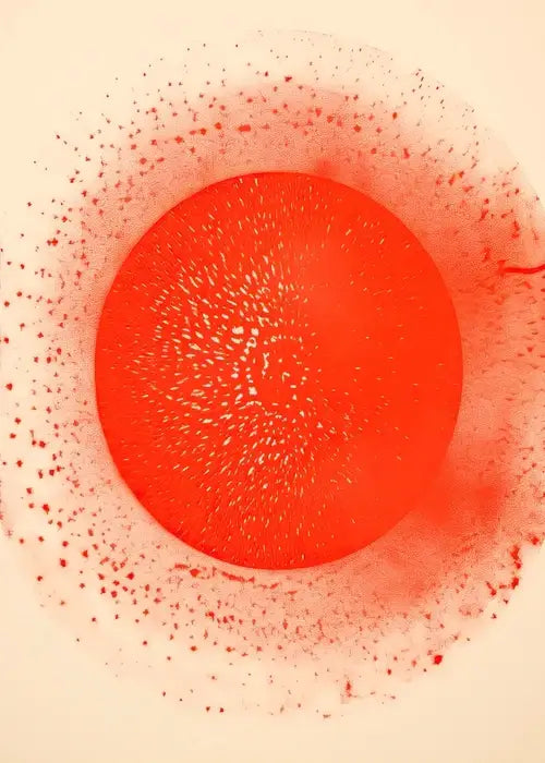 Decorbites™ japanese hokusai art poster print on canvas featuring a vibrant orange circular abstract design with red speckles