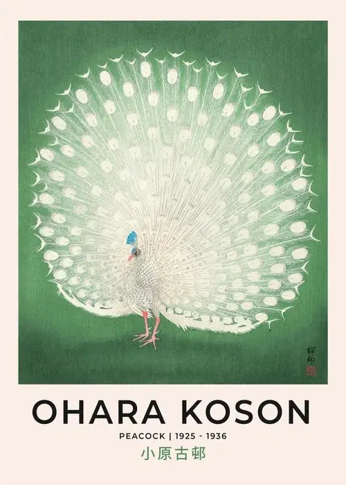 Decorbites™ japanese hokusai art poster print on canvas featuring a white peacock with blue crest in line art