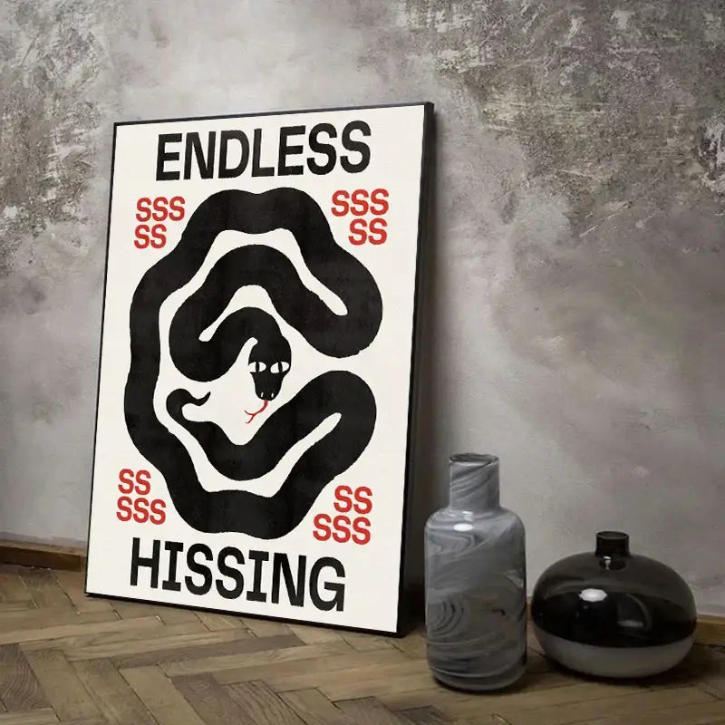 Minimalist black and white wall art featuring a stylized coiled snake with red text framed in black from decorbites™ japanese koi cat abstract series