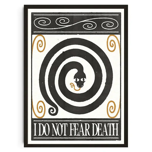 Black and white framed wall art featuring stylized coiled snake with gold accents and text in decorbites™ japanese koi cat abstract collection
