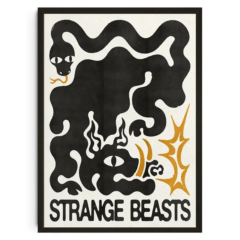 Black and gold decorbites™ canvas wall art featuring japanese koi cat abstract strange beasts in bold graphic design