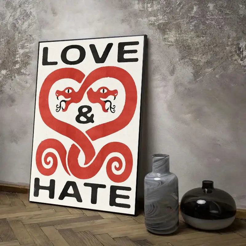 Decorbites™ japanese koi wall art featuring bold red and black love and hate snakes in an abstract koi cat design canvas print