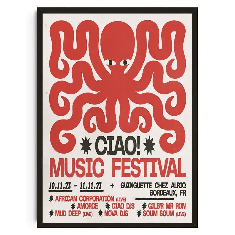 Bold red octopus graphic wall art with black frame for ciao music festival featured in decorbites japanese koi cat abstract canvas