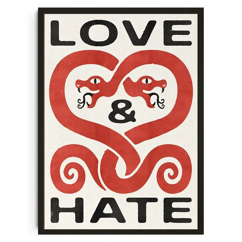 A framed decorbites™ canvas wall art featuring koi cat abstract with a red heart and love and hate text on off-white background