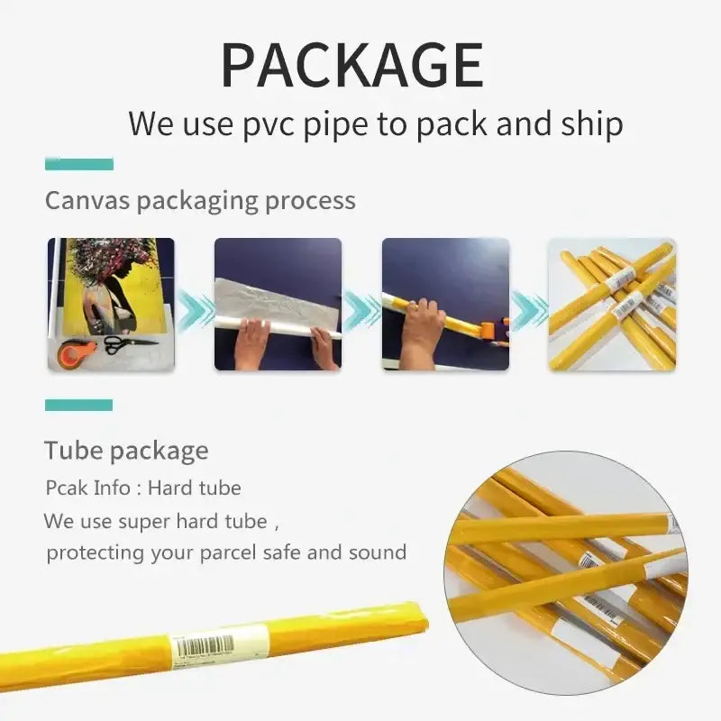 Yellow pvc pipe packaging for DecorBites™ japanese koi cat abstract animals canvas wall art