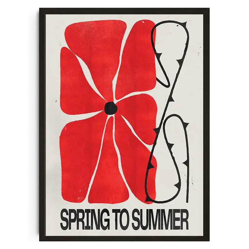 A framed DecorBites™ wall art featuring a bold red flower with black thorns and the text spring to summer, koi cat inspired