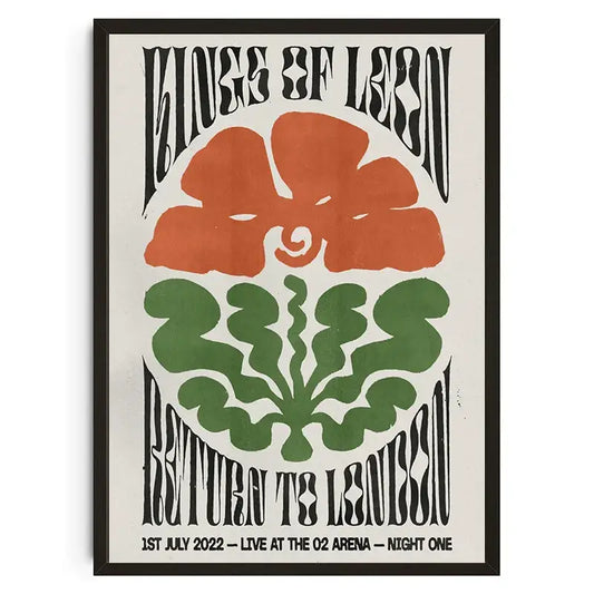 A framed decorbites™ wall art poster with koi cat abstract and floral designs featuring black lettering for kings of leon concert