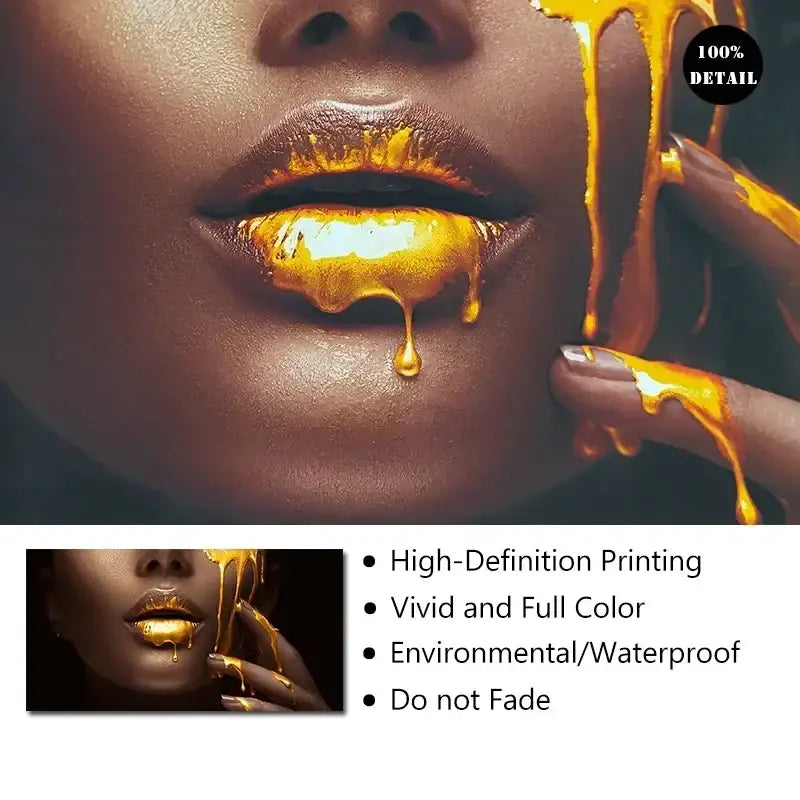 Decorbites™ japanese koi cat abstract animals wall art features golden liquid dripping over glossy lips and fingers