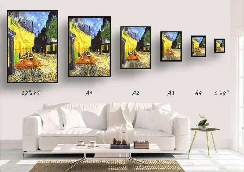 Set of five black framed reproductions of van gogh café terrace at night in descending sizes for koi cat wall art decor