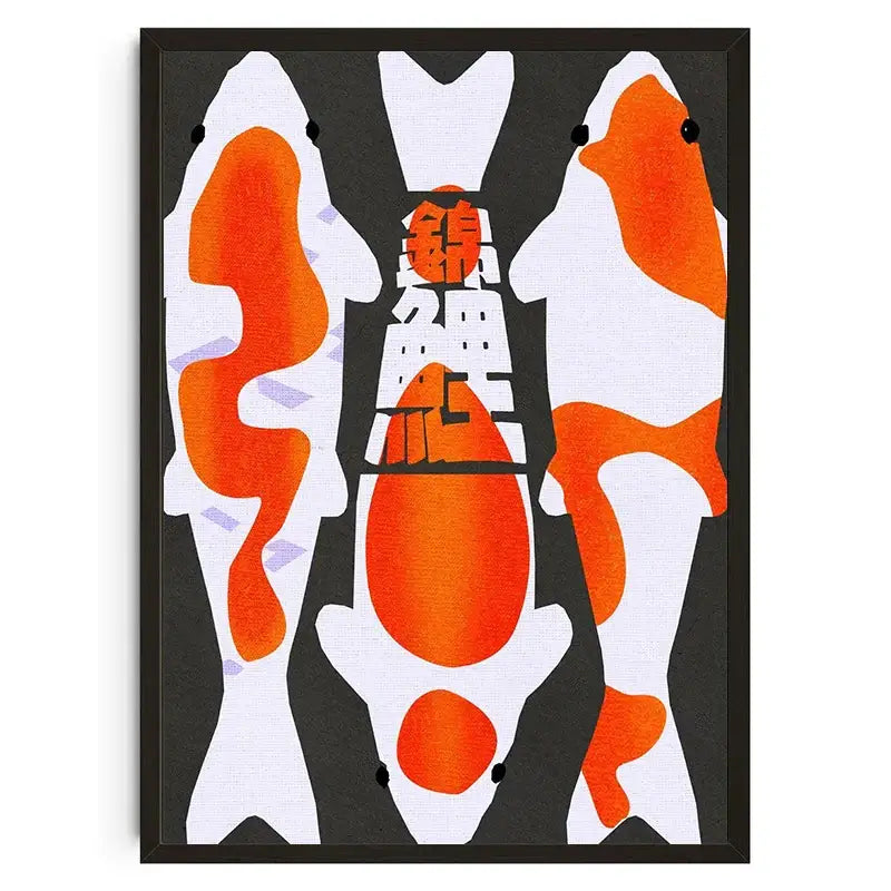 Stylized orange and white japanese koi cat abstract wall art in a black frame from decorbites™ collection