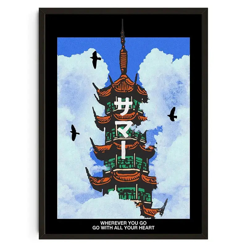 Black-framed decorbites™ canvas wall art featuring koi cat abstract with orange green pagoda and blue sky background