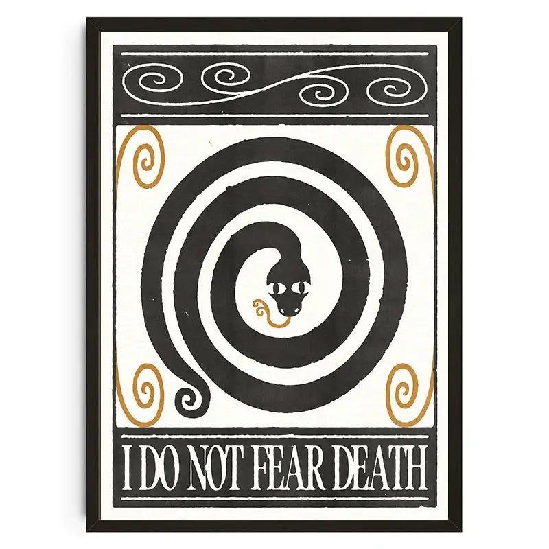 Black and white framed wall art print with stylized coiled snake and gold accents from decorbites japanese koi cat collection