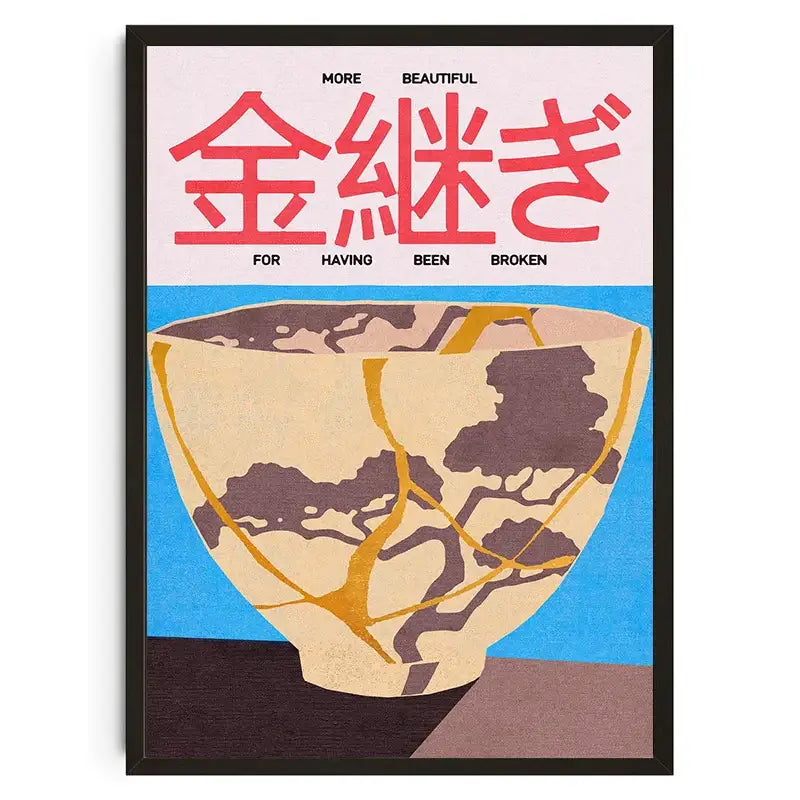 A framed decorbites™ canvas wall art featuring a beige ceramic bowl with gold repairs and dark patches with japanese koi cat abstract design
