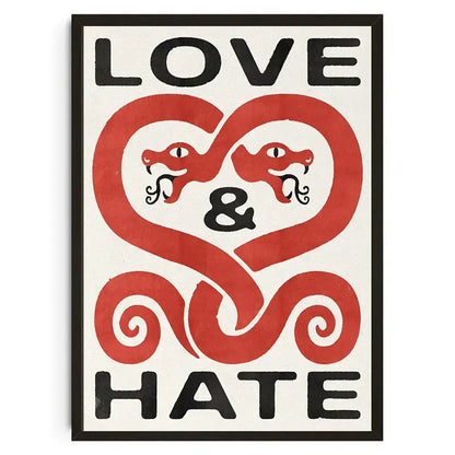 A framed decorbites™ japanese koi cat canvas wall art with bold black love and hate text and a red heart motif