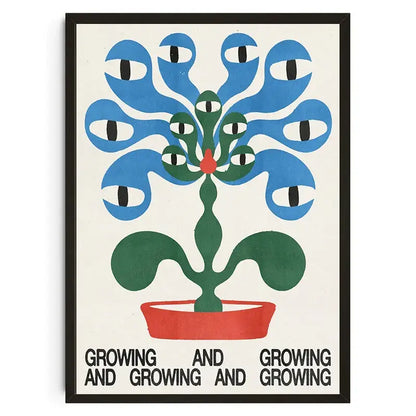 Framed wall art featuring koi cat abstract styled plant with blue eye-shaped leaves in red pot by decorbites™