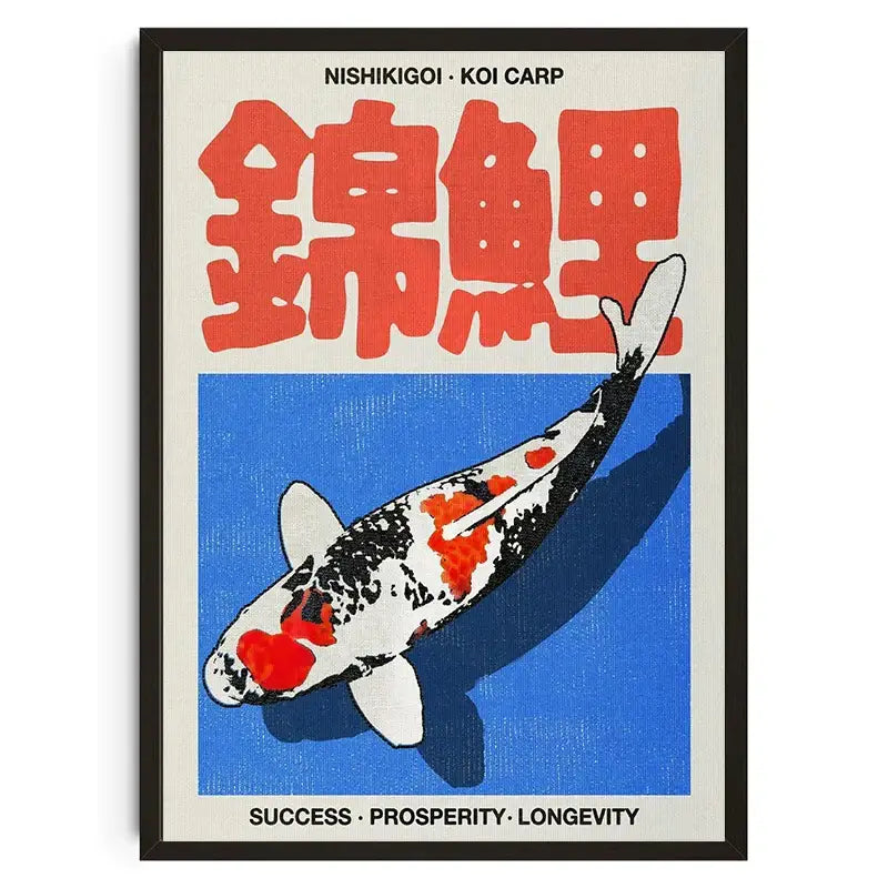 A framed decorbites™ japanese koi cat abstract canvas wall art with black white and red koi carp on a blue background