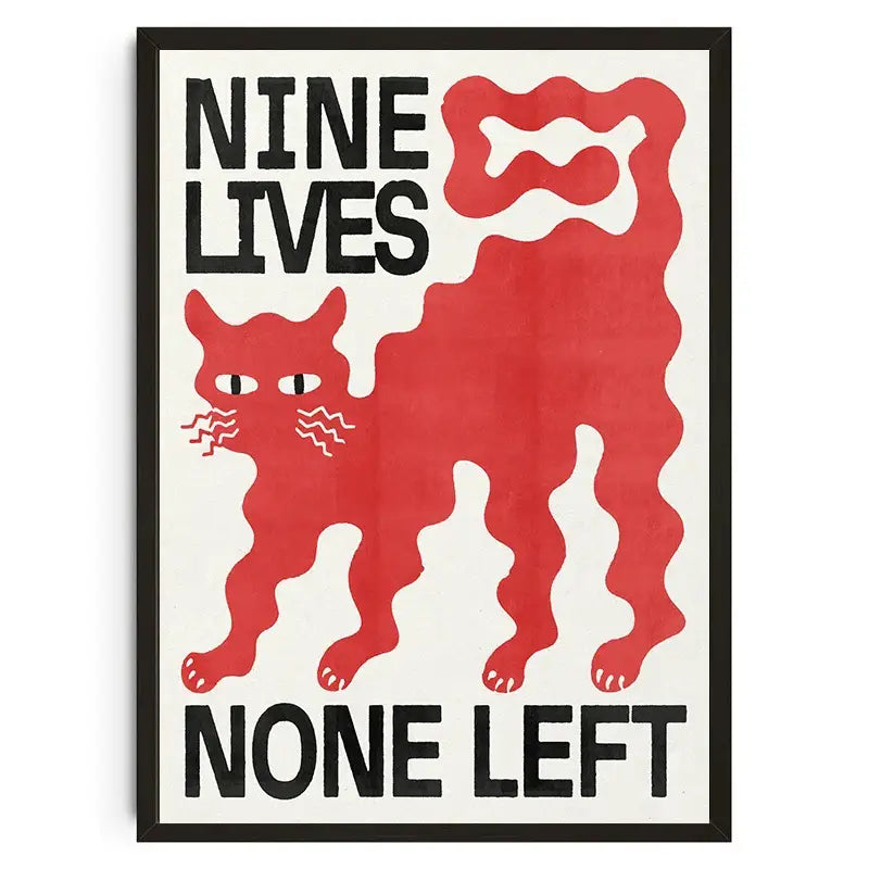 Red stylized koi cat abstract canvas wall art with bold black text nine lives none left by DecorBites™