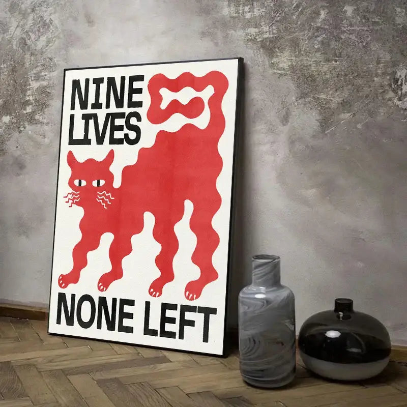 Decorbites™ japanese koi cat abstract canvas wall art features a red stylized koi cat with bold black nine lives none left text