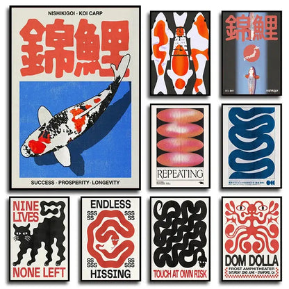 Decorbites™ japanese koi cat abstract canvas wall art featuring a vibrant red and black koi carp with bold japanese characters