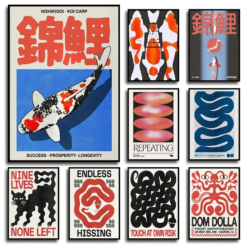 Decorbites™ japanese koi cat abstract canvas wall art featuring a vibrant red and black koi with bold japanese characters