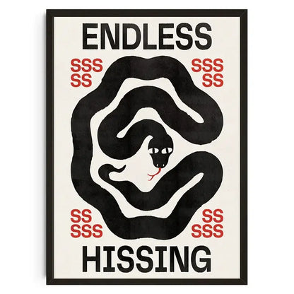 Decorbites™ black and white stylized snake poster with bold red text and sleek black border, koi cat abstract wall art print
