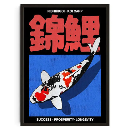 A framed DecorBites™ Japanese koi cat wall art featuring a stylized red and black koi carp on blue canvas