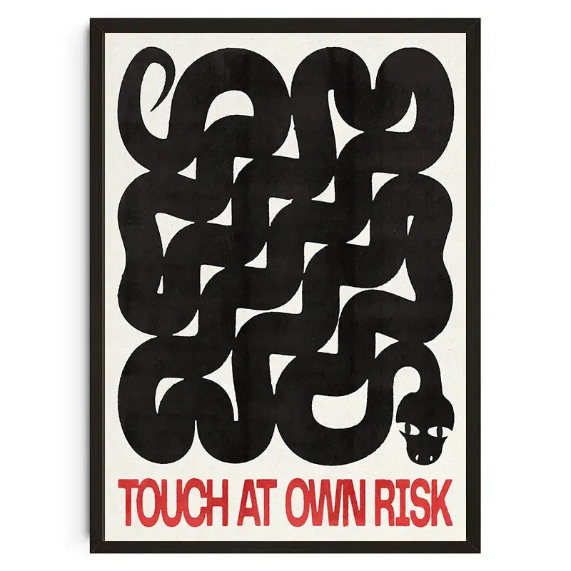 Black abstract snake artwork in a minimalist frame with bold red text below from decorbites™ japanese koi cat canvas wall art