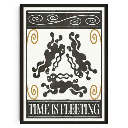 Black and cream DecorBites™ Japanese koi cat canvas wall art featuring abstract black figures with gold spiral accents