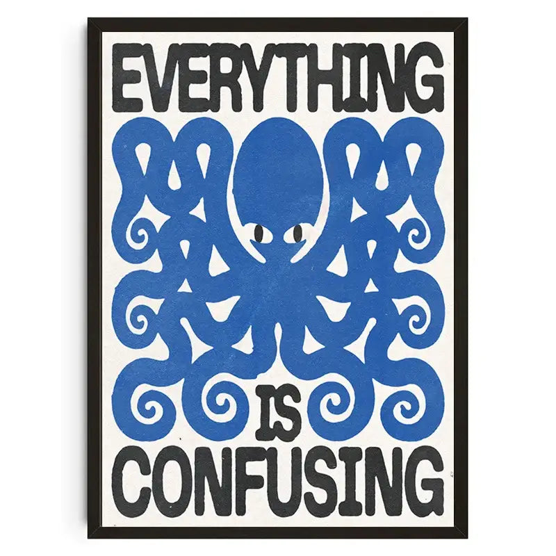 Decorbites japanese koi cat canvas wall art featuring a blue stylized octopus and bold black text on cream background