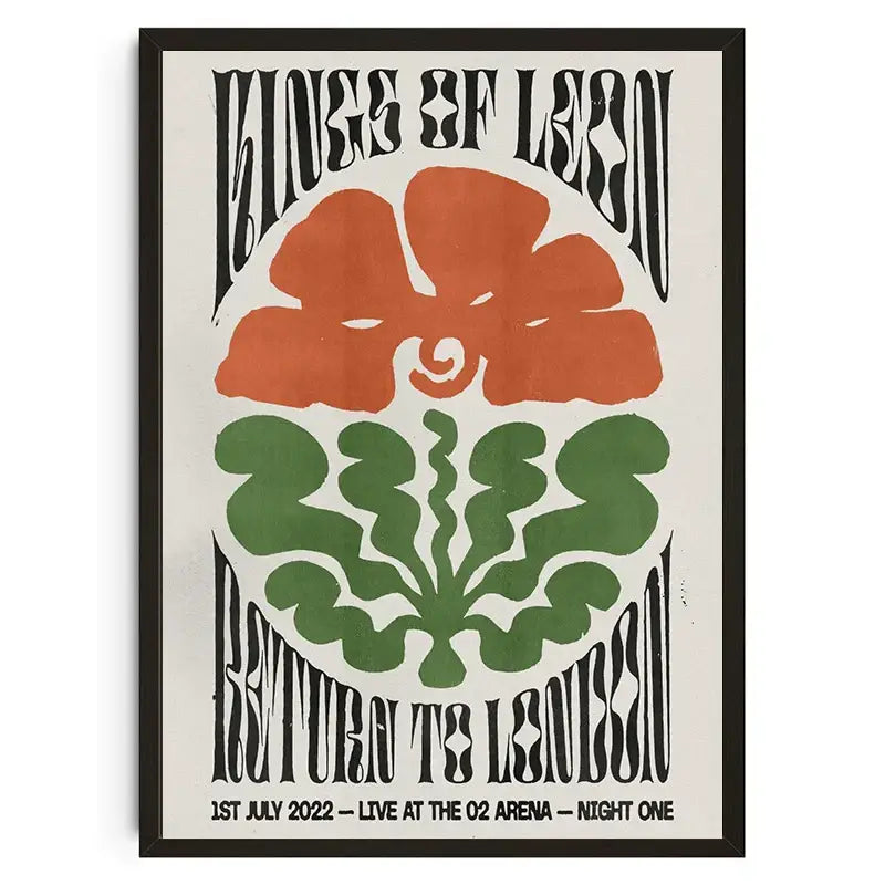 A framed canvas wall art poster with bold black lettering and orange green florals featuring kings of leon concert