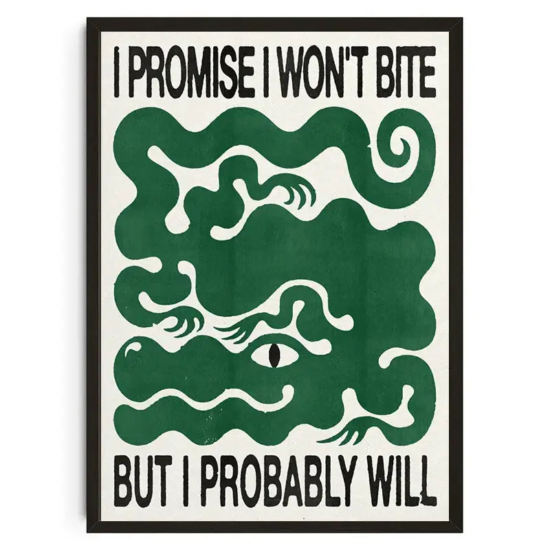 A framed cream poster with bold black text and green snake design for decor featuring japanese koi cat style art