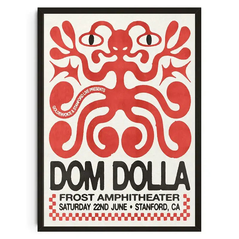 A framed canvas wall art featuring a bold red octopus design with dom dolla concert text by decorbites japanese koi cat
