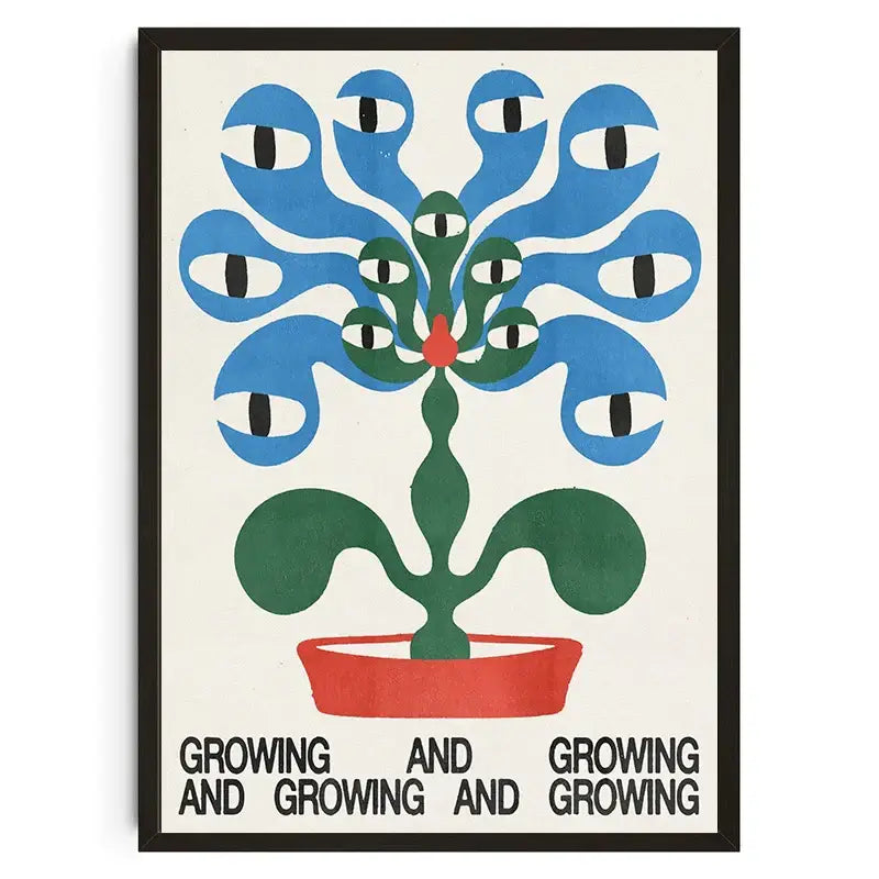 A framed decorbites™ japanese koi cat canvas wall art with stylized blue eye-shaped leaves in a red pot