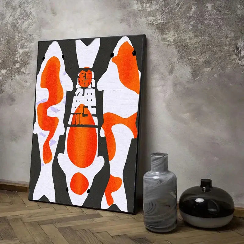 A modern canvas painting by DecorBites featuring stylized orange and white japanese koi cat with bold Chinese characters