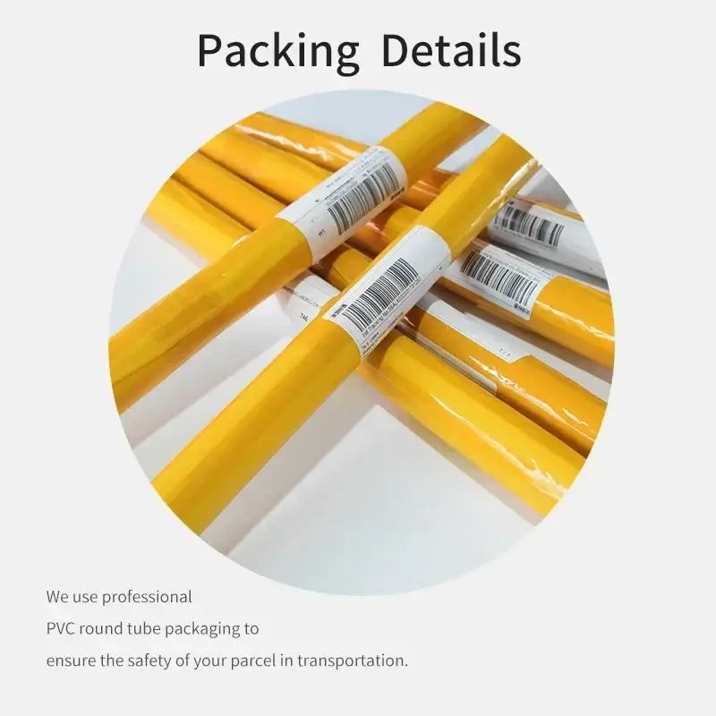 Yellow pvc round tubes wrapped in clear plastic with white barcode labels for decorbites™ japanese koi cat canvas wall art