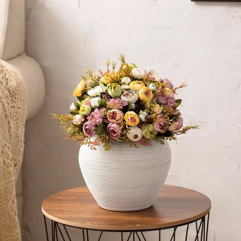 A white textured ceramic hydroponic vase from decorbites™ japanese minimalist hydroponic vase set with pastel artificial flowers