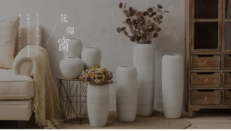DecorBites™ japanese minimalist hydroponic vase set with white textured ceramic vases holding dried and fresh foliage