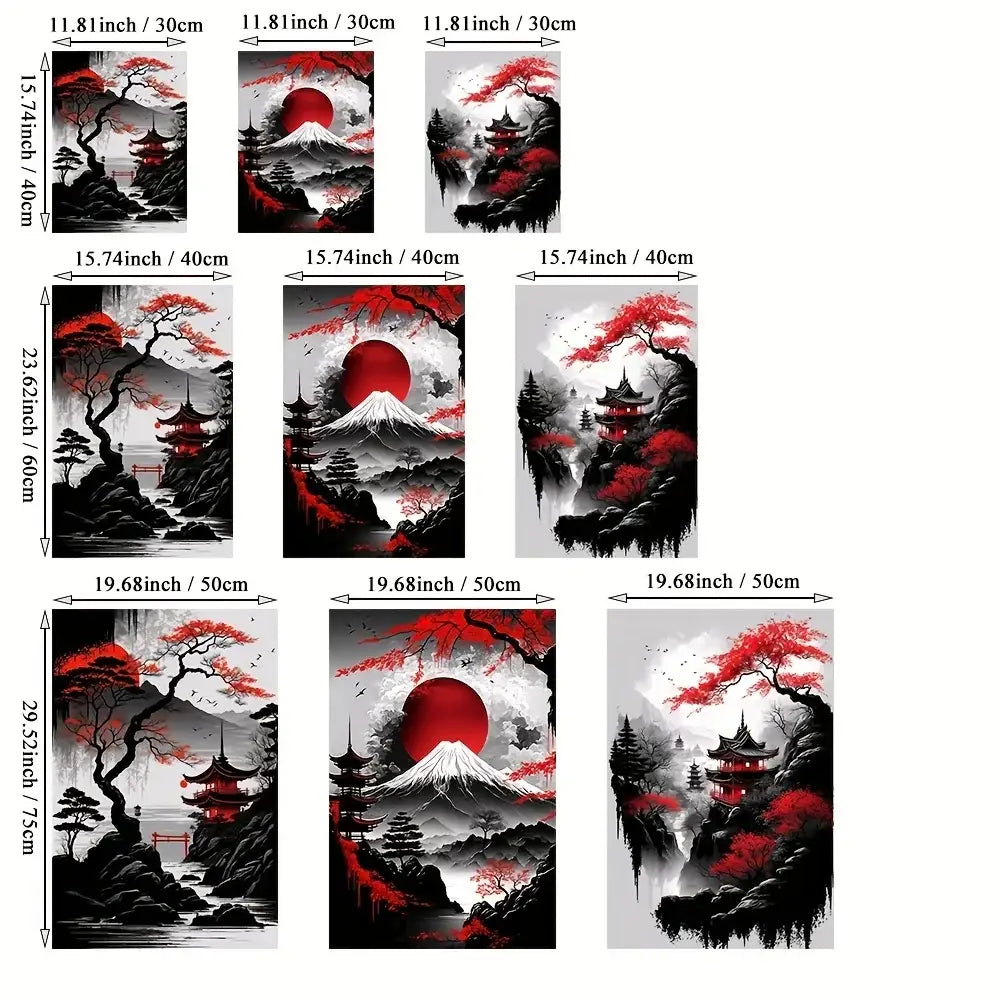 Set of nine japanese natural landscape canvas prints featuring bold red and black mount fuji and cherry blossoms