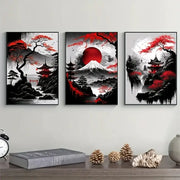 Three framed DecorBites™ japanese natural landscape canvas prints featuring black, white, and red pagoda scenes