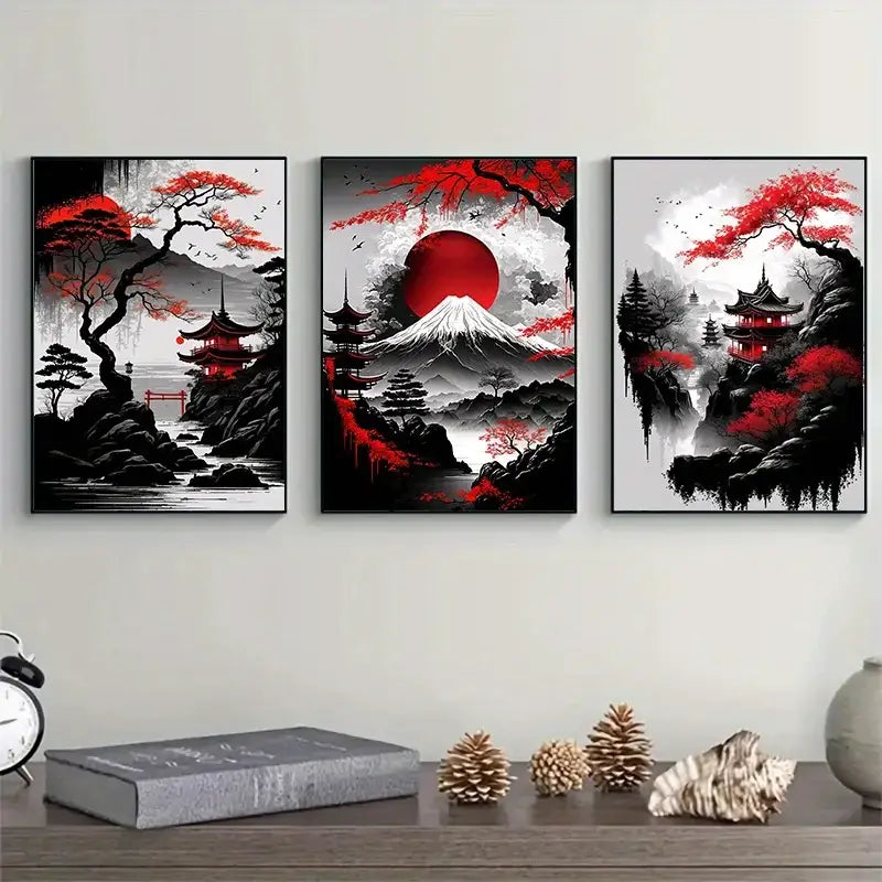 Three framed DecorBites™ japanese natural landscape canvas wall art pieces with black white and vibrant red pagoda scenes